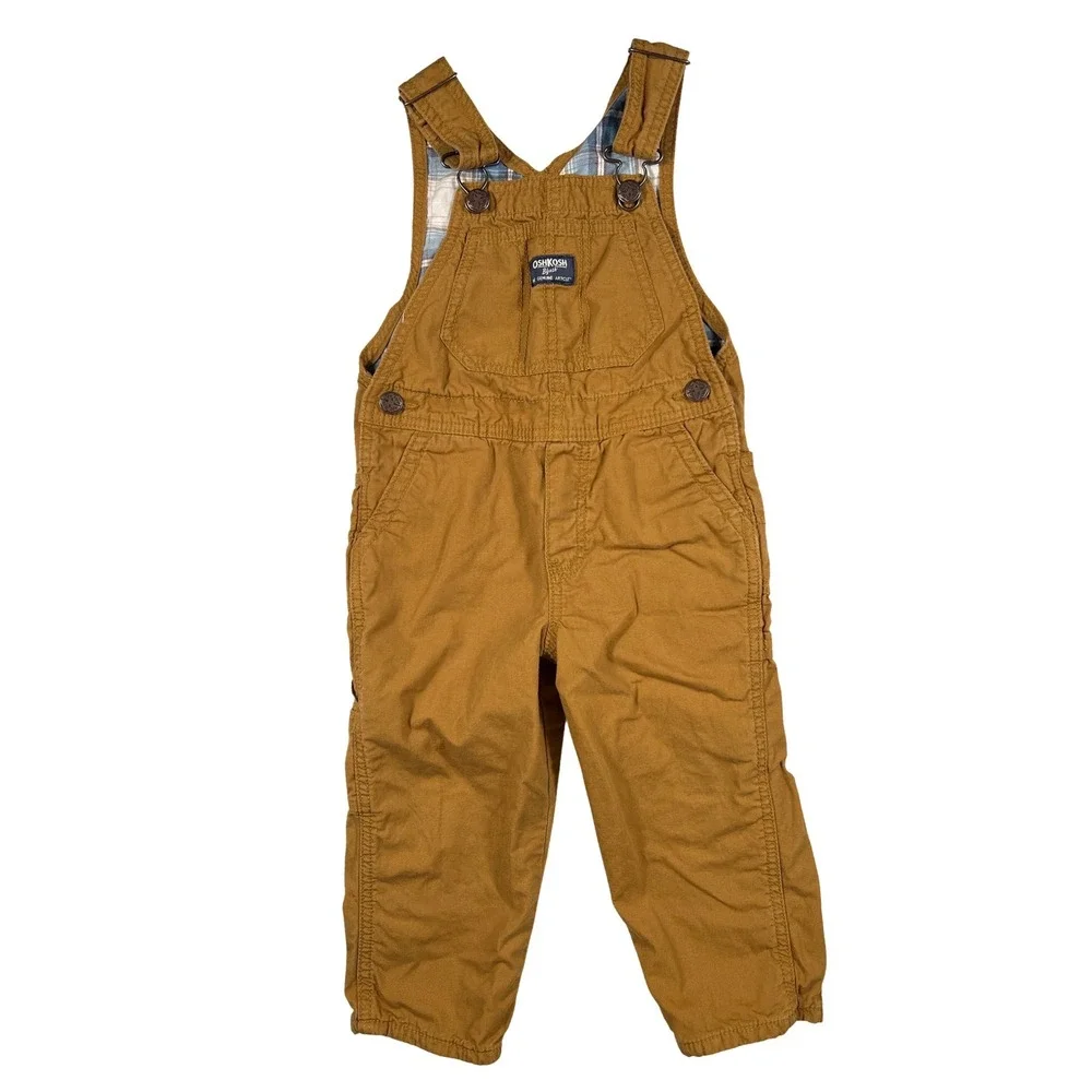 OshKosh Bgosh 3T Toddler Boy Brown Canvas Flannel Lined Overalls School Play EUC
